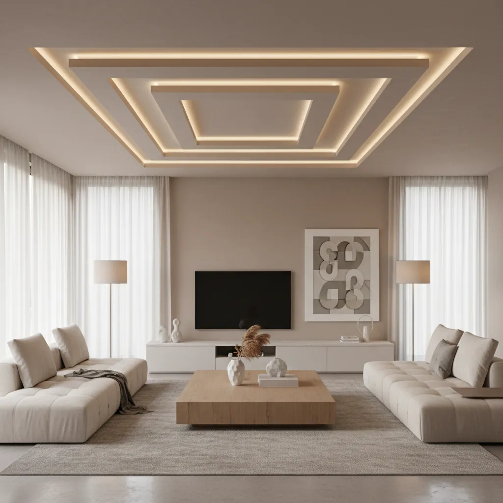 minimal geometric gypsum false ceiling design in modern living room