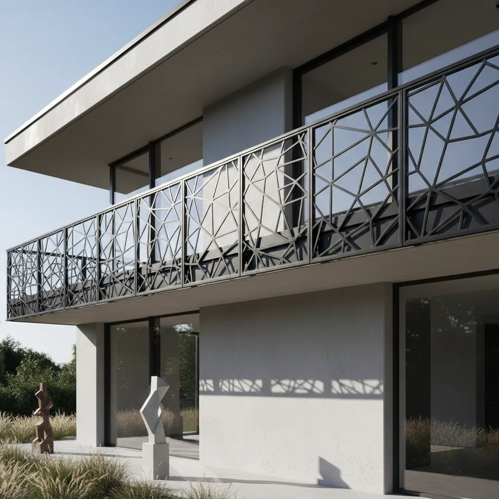 Balcony with geometric laser cut iron railing panel