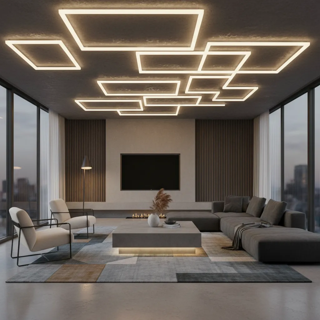 geometric LED panel ceiling design in contemporary living room
