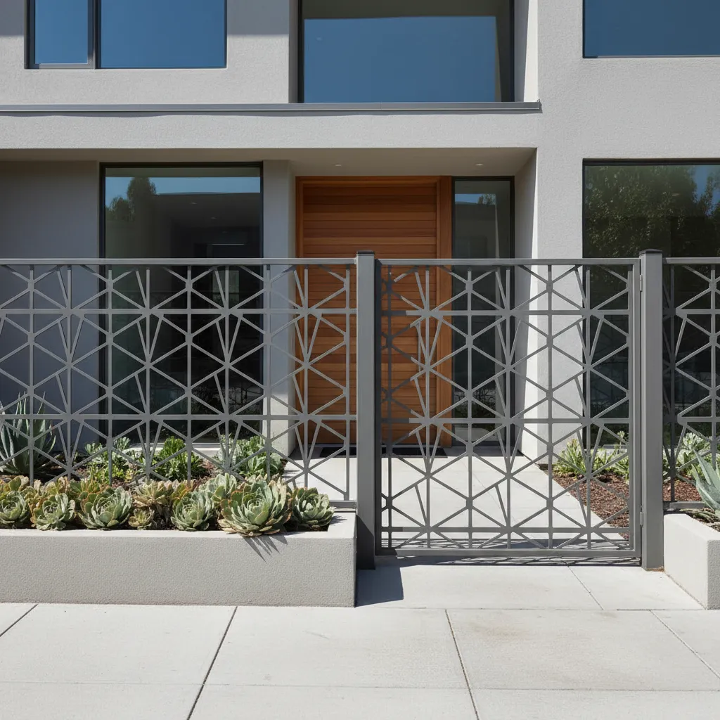 Reja metálica con patrón geométrico moderno en fachada de casa