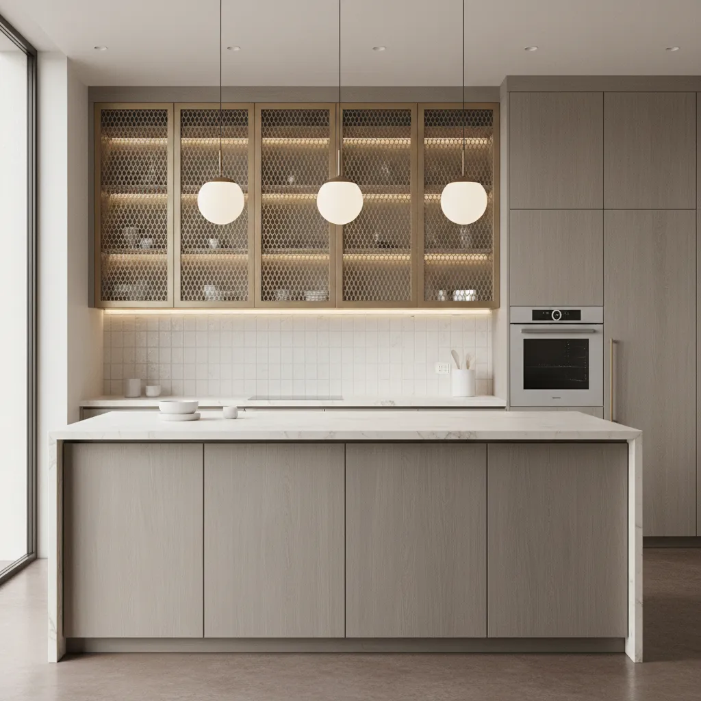 kitchen cabinet doors with geometric hexagonal metal mesh pattern