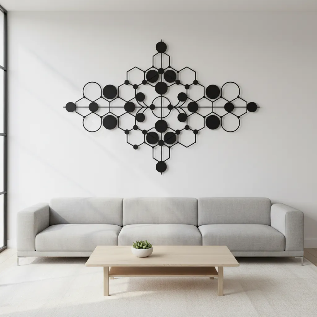 modern geometric metal wall art arrangement in a minimalist interior