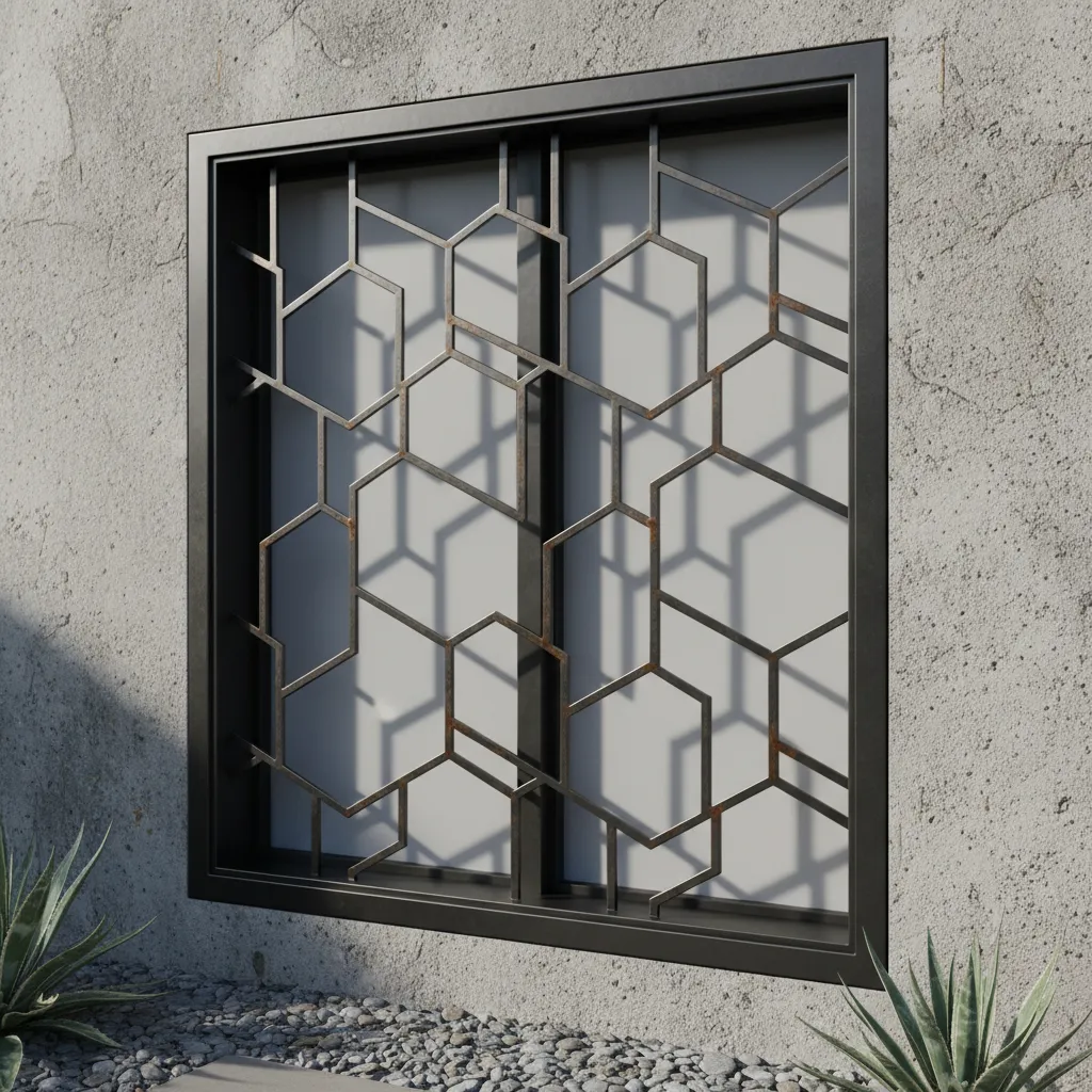 Rejas metálicas con patrón geométrico moderno en ventana