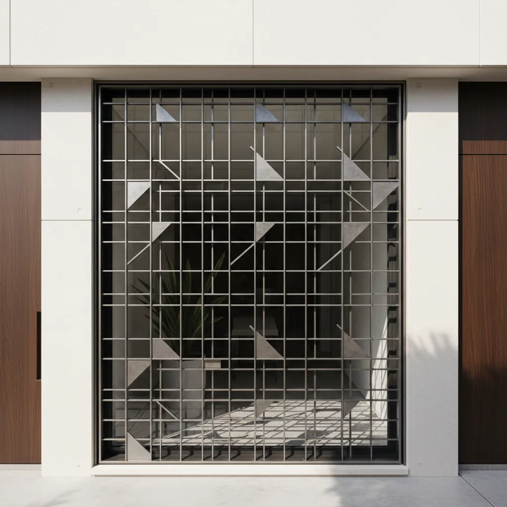 Reja geométrica moderna instalada en ventana residencial