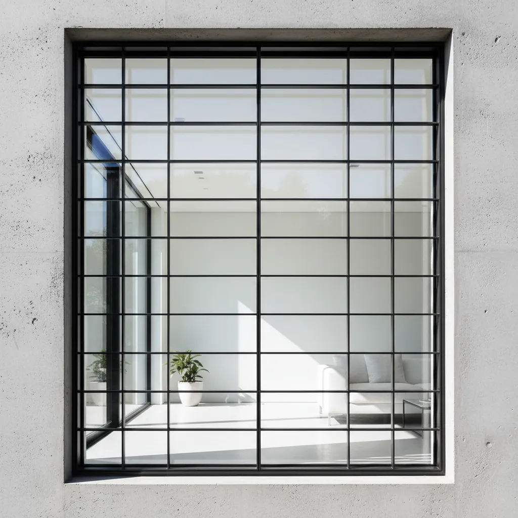 Reja geométrica moderna en ventana con diseño rectangular