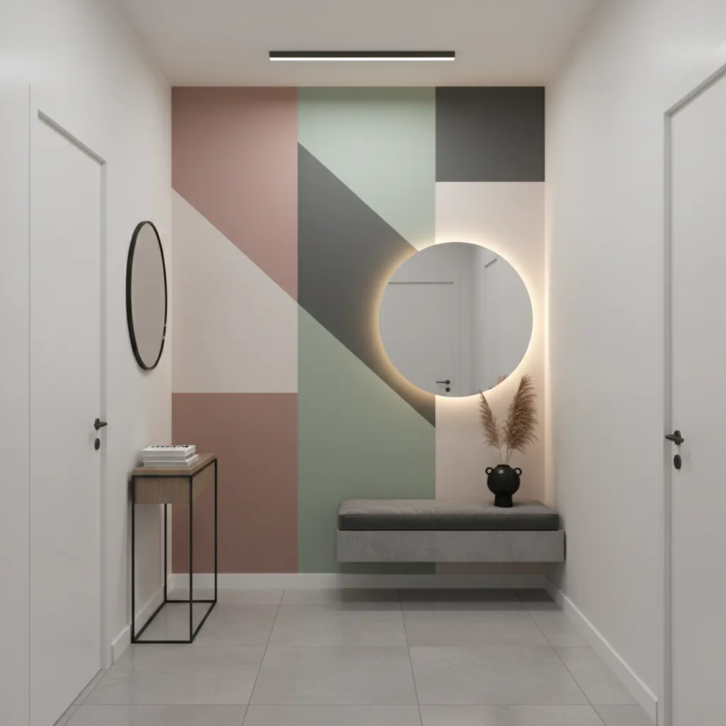 Modern entryway with geometric paint pattern on lobby wall