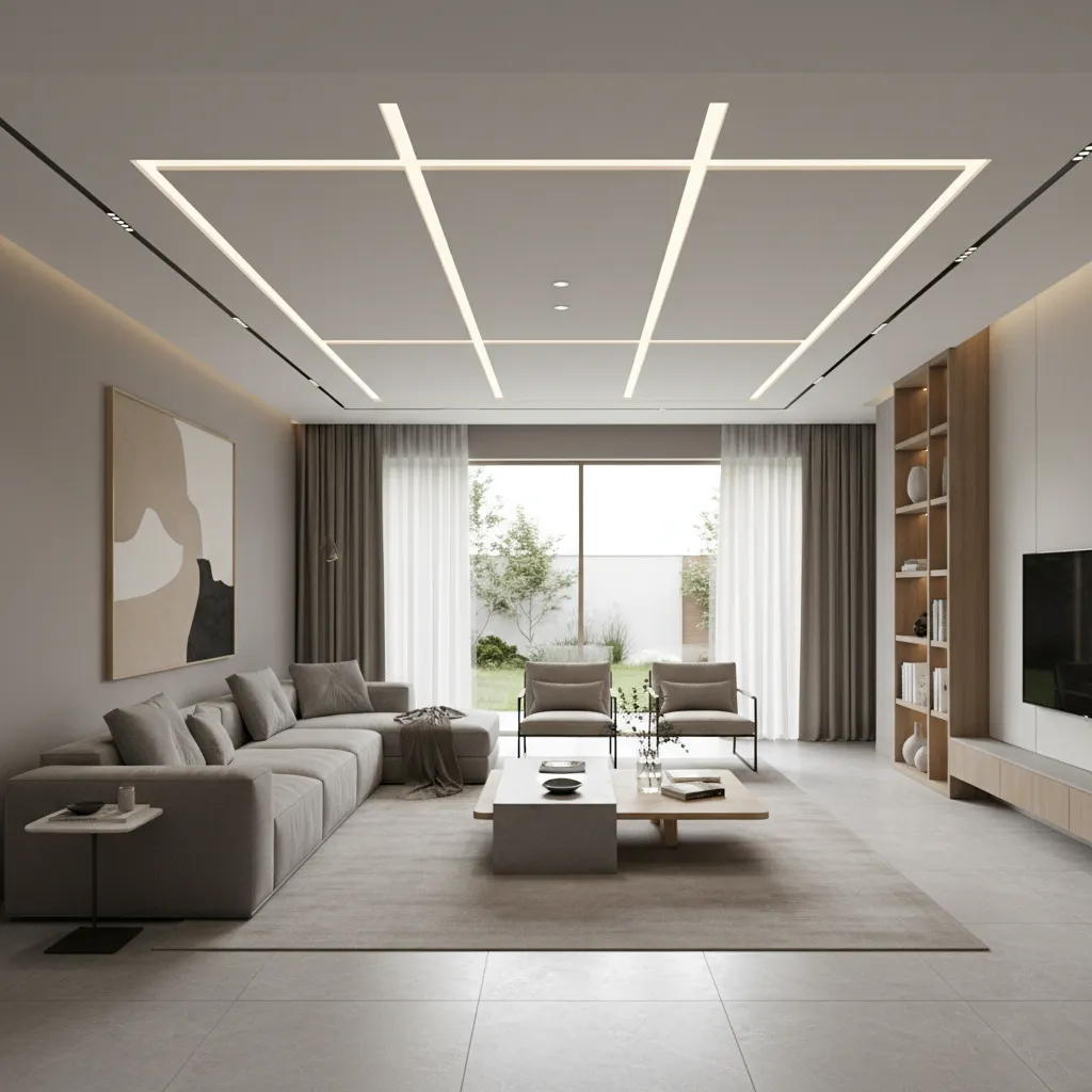 modern geometric panel false ceiling in living room