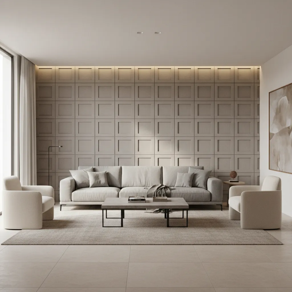 Living room with geometric plaster textured accent wall and modern lighting