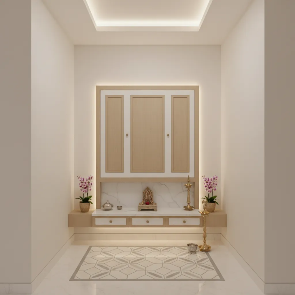 Subtle geometric tile flooring in modern pooja room