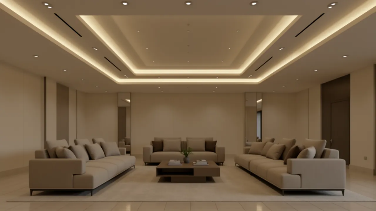Geometric POP ceiling accent design in modern hall