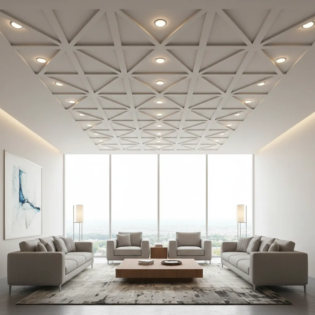 Geometric POP ceiling panels with recessed lighting in a modern living hall