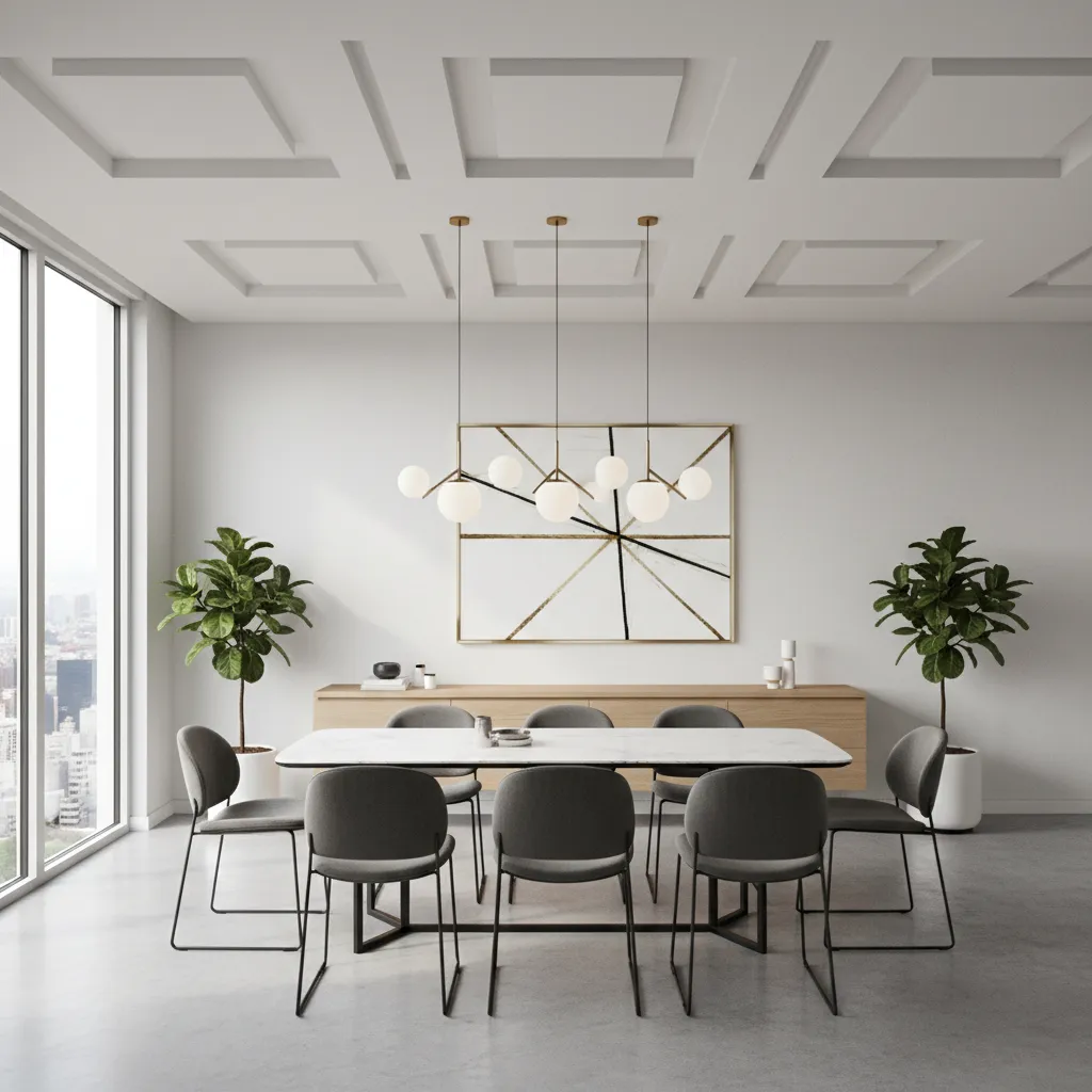 Modern dining room with geometric POP ceiling pattern design