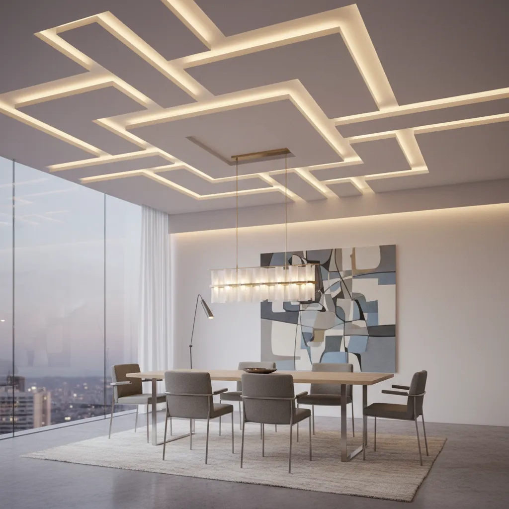 geometric POP ceiling design in modern dining room