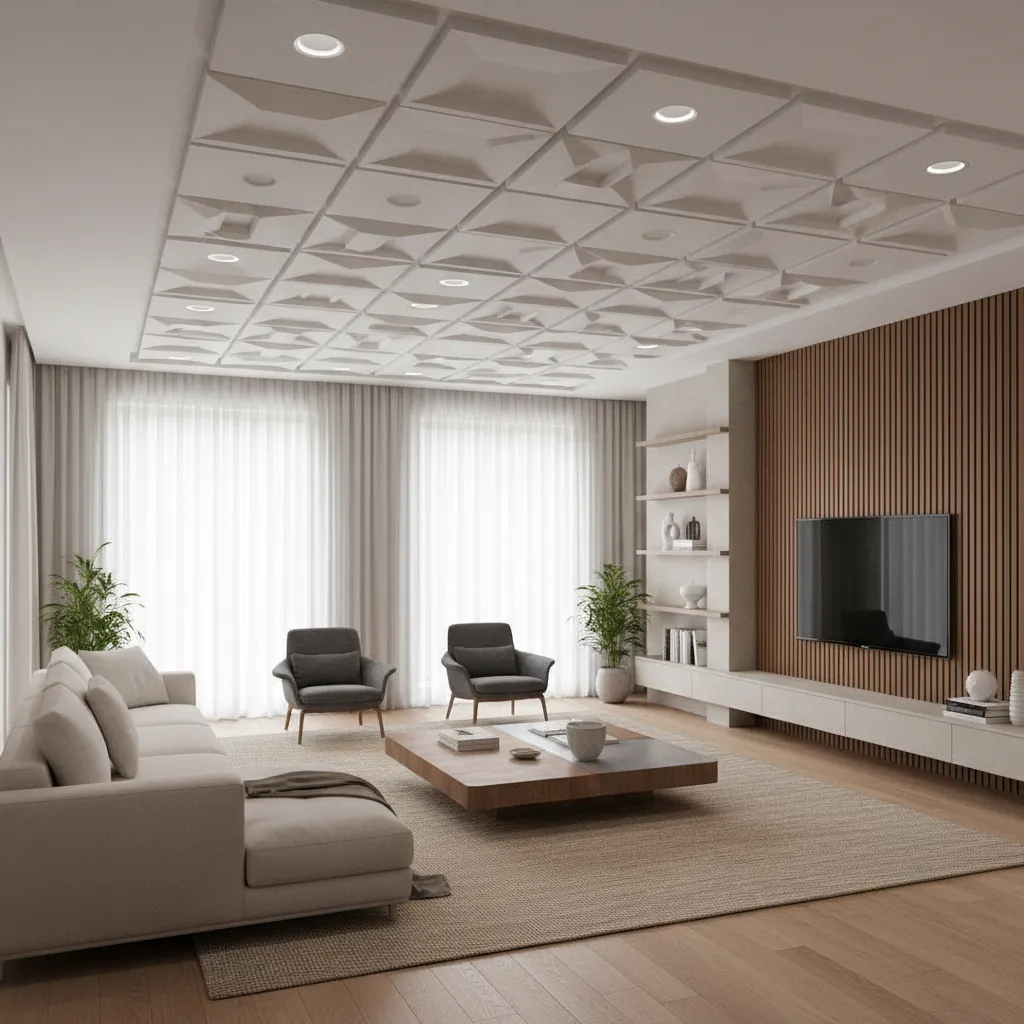 modern geometric plaster of paris ceiling design in living room