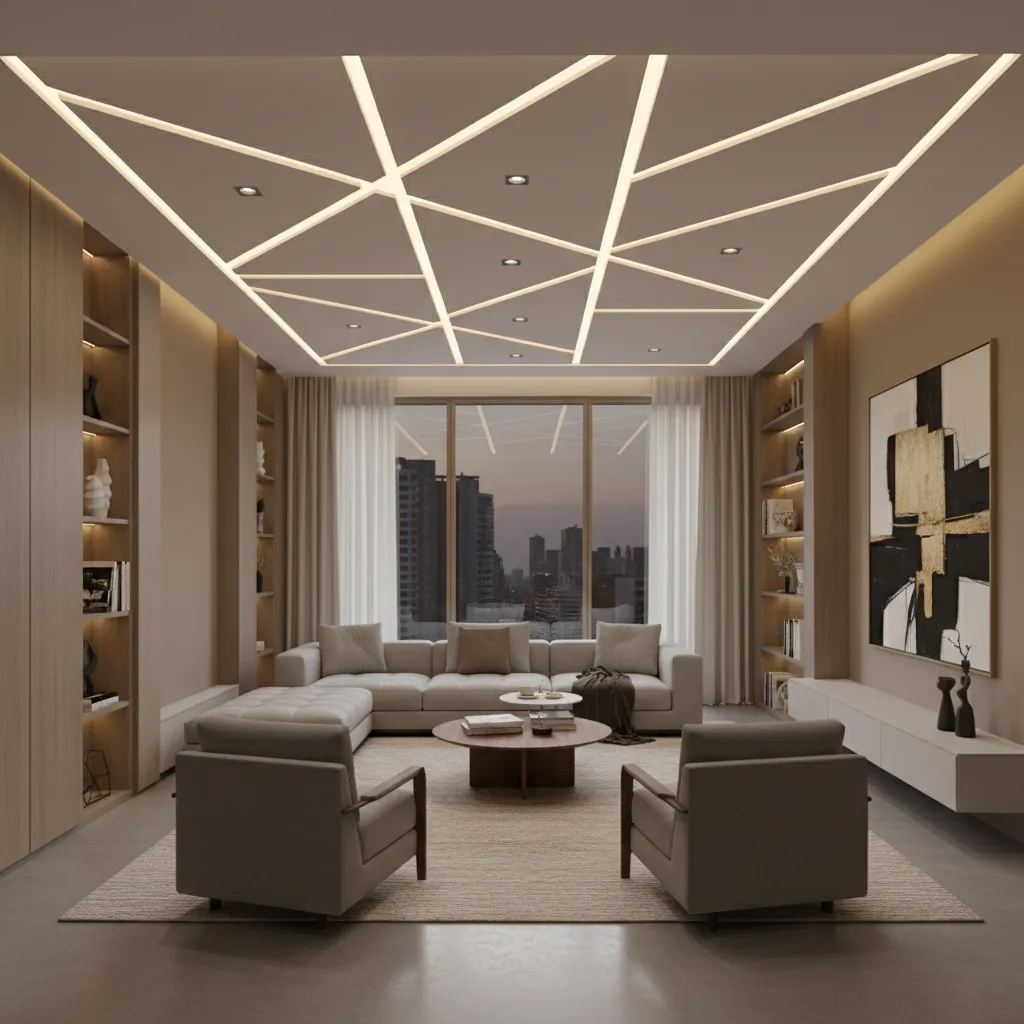 Geometric panel POP ceiling design in a contemporary living room hall