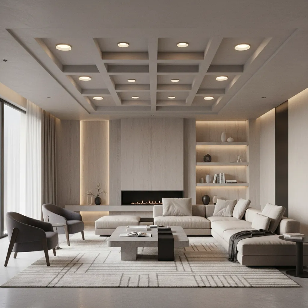 living room ceiling with geometric POP panel design and spotlights