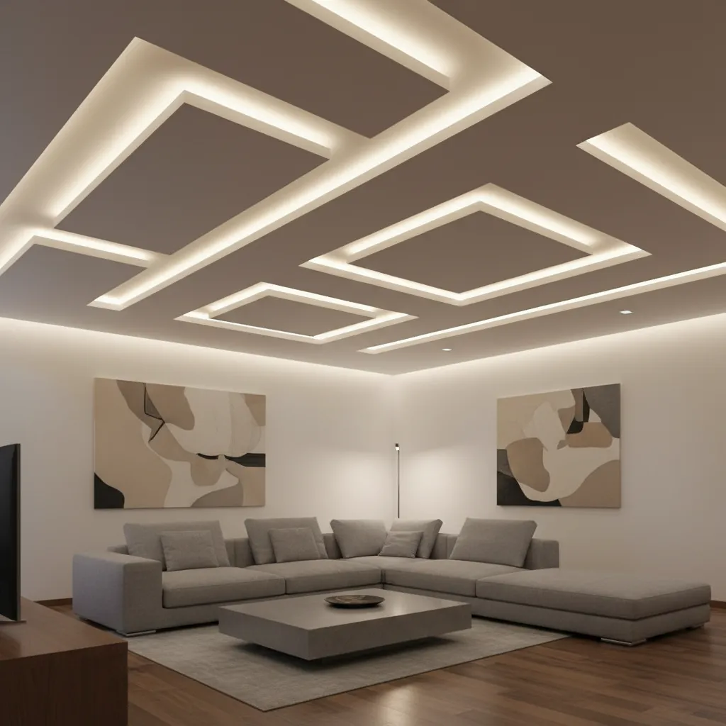 Geometric POP ceiling patterns with LED lighting in modern home