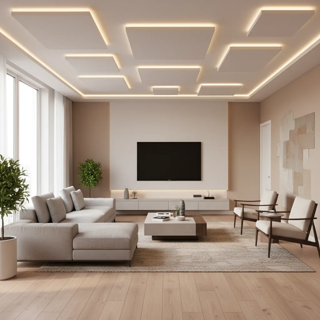 small living room with geometric POP ceiling panels and modern lighting