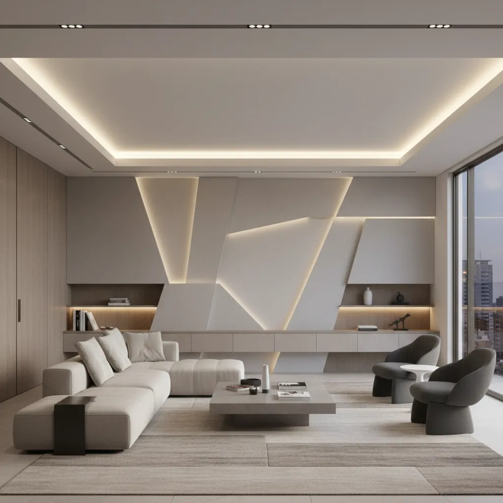 Modern geometric POP wall design with layered panels in contemporary living room