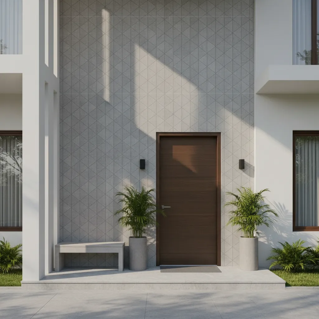 Modern geometric patterned accent tiles on house portico wall