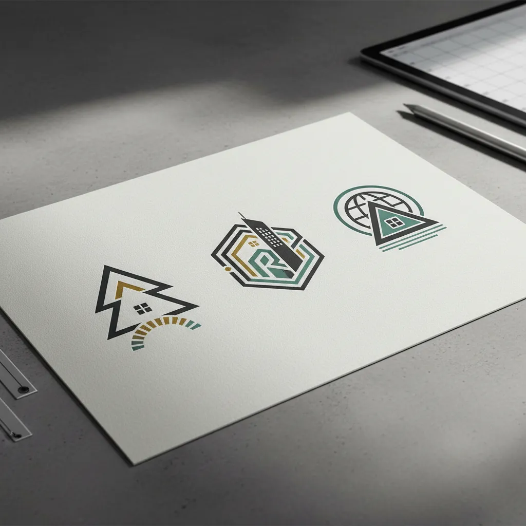 conceptos de logotipo inmobiliario con formas geométricas inspiradas en arquitectura