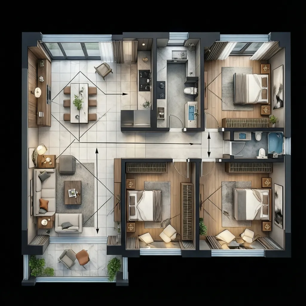 geometric zoning layout illustrating circulation paths and functional room arrangement