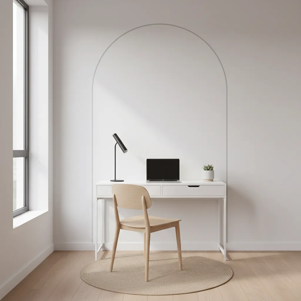 Small home office corner framed by geometric wall rub on design
