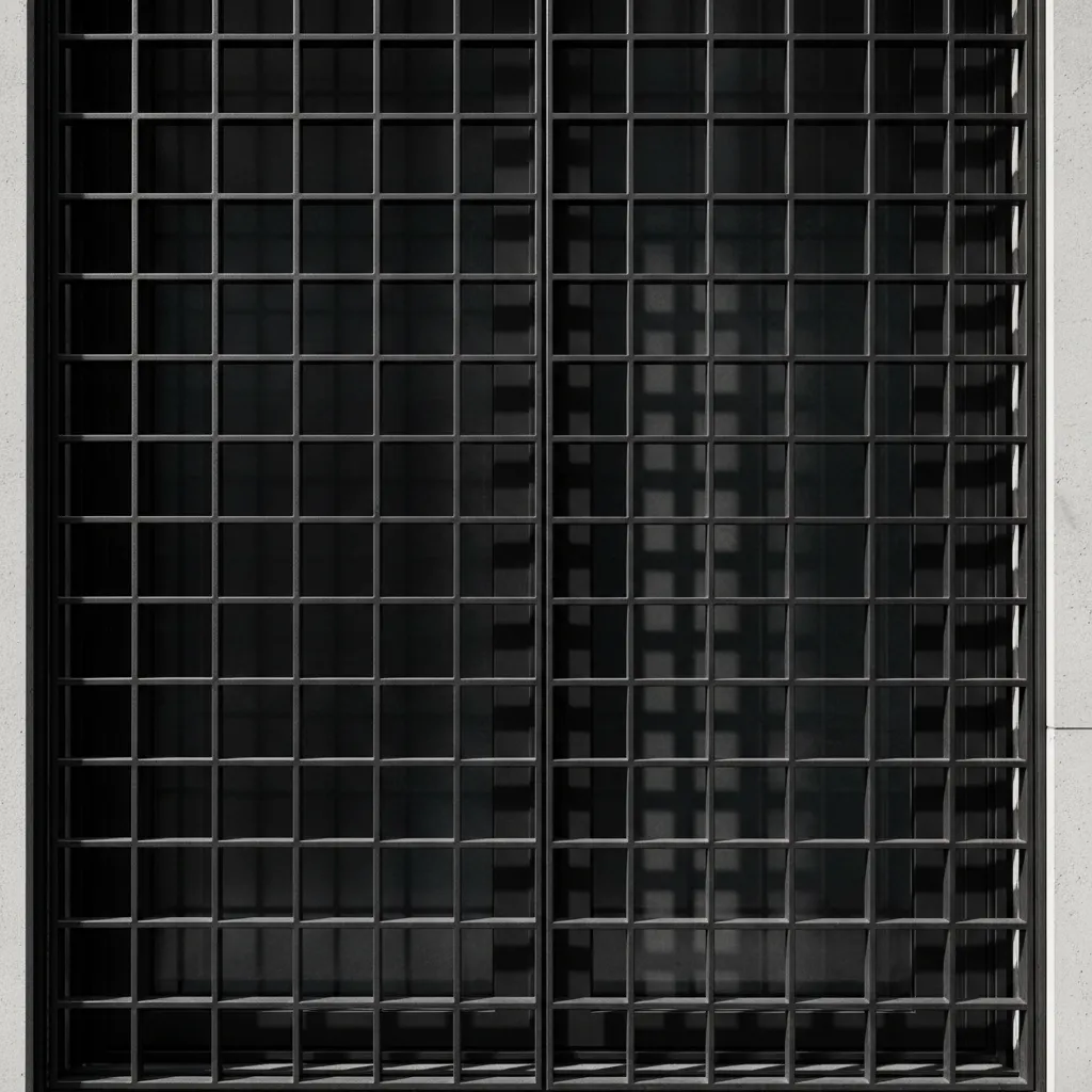balcony door steel grill geometric pattern close view