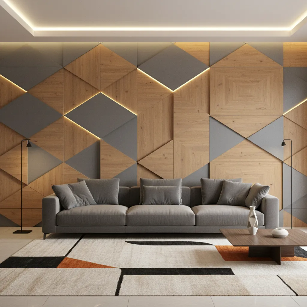 Geometric laminate Sunmica feature wall in contemporary living room