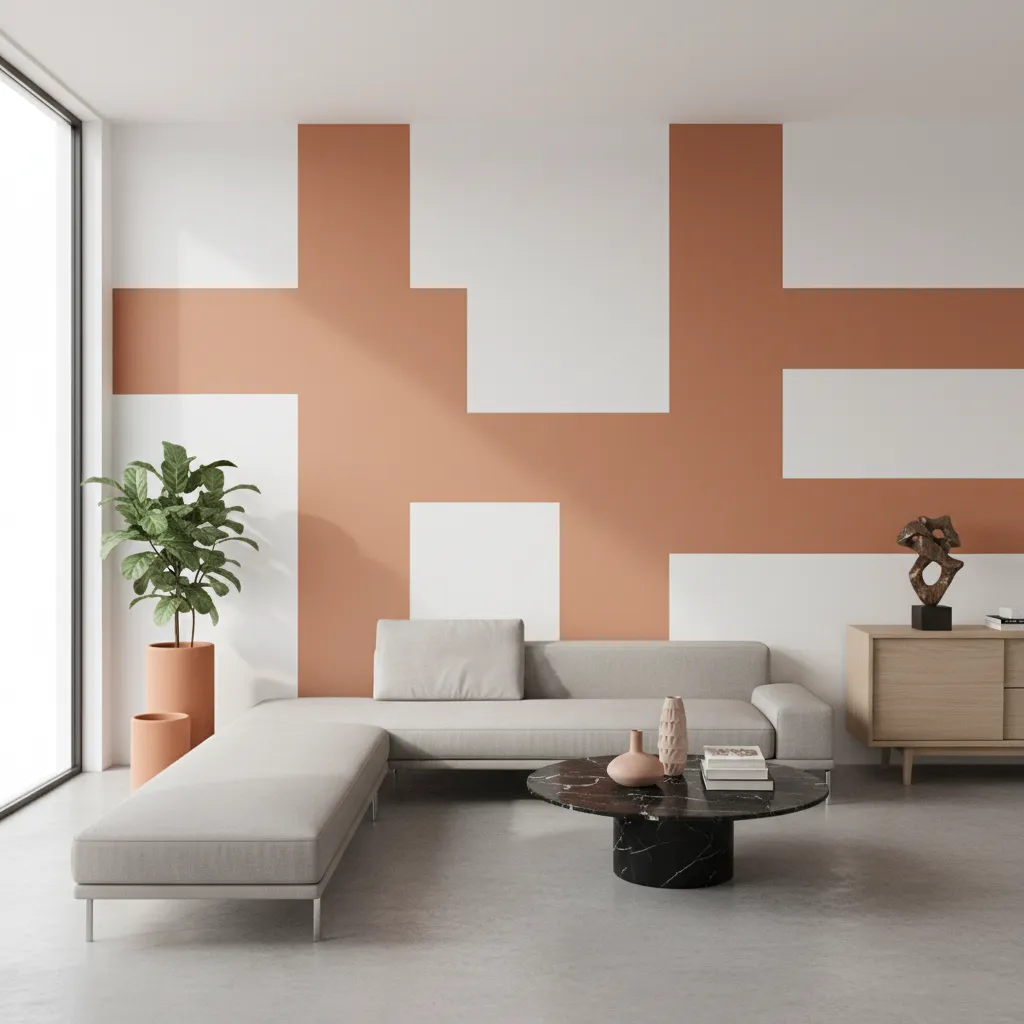 living room with geometric terracotta wall paint blocks