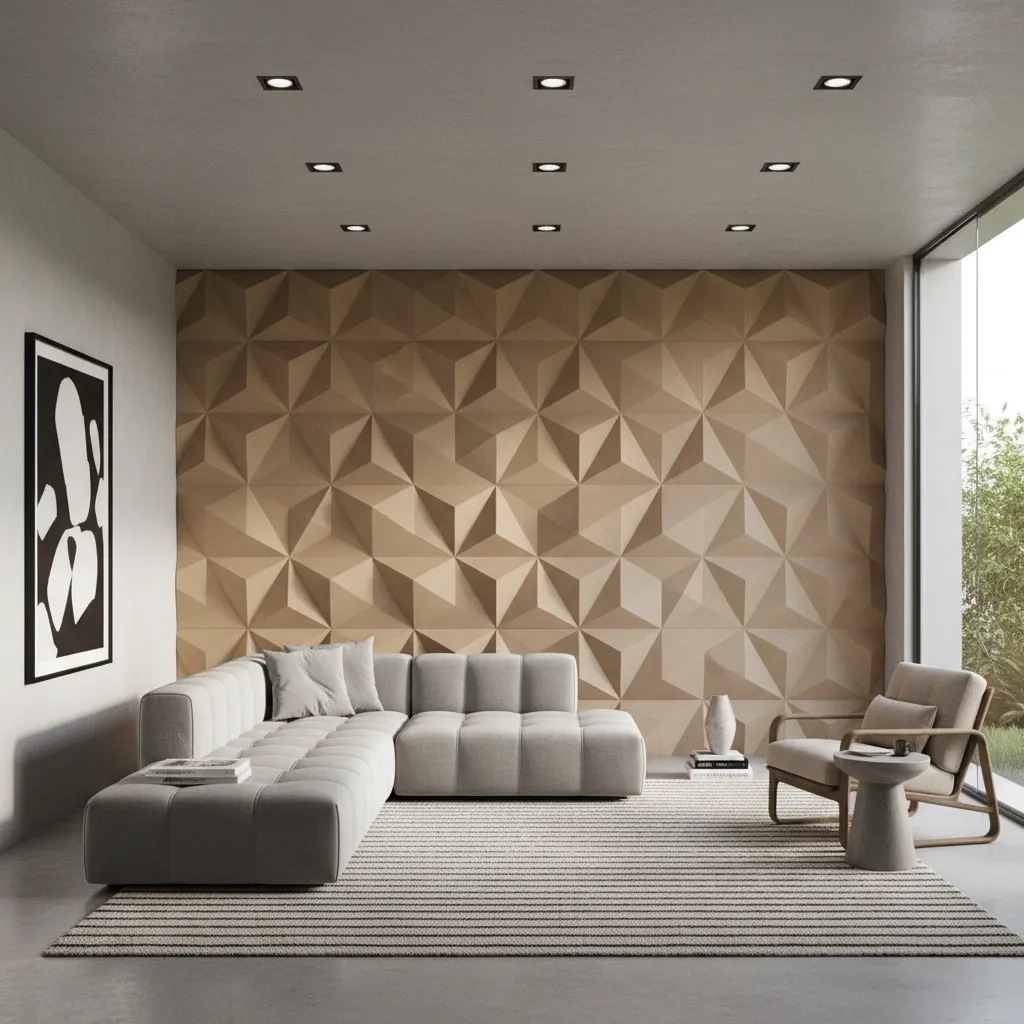 Geometric textured accent wall design in contemporary living hall
