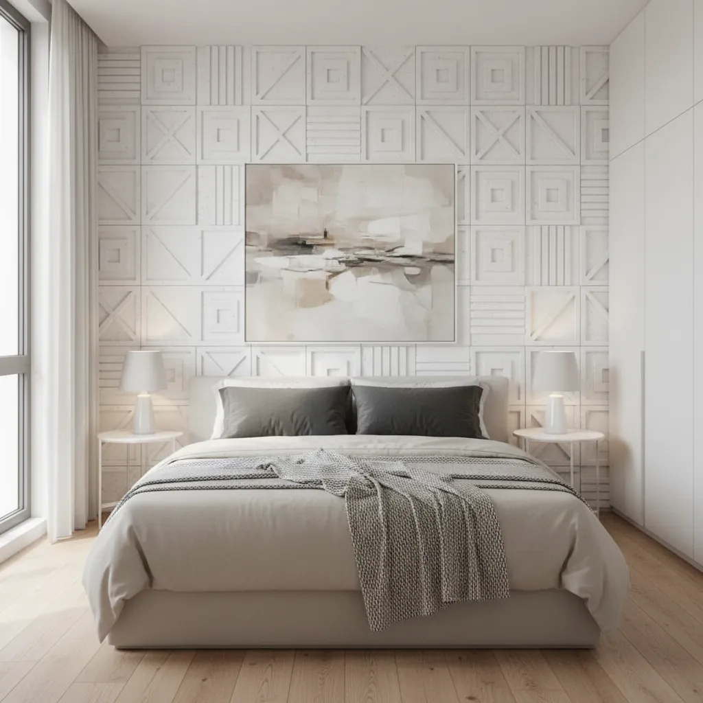 Small bedroom with geometric thermocol wall panels behind bed