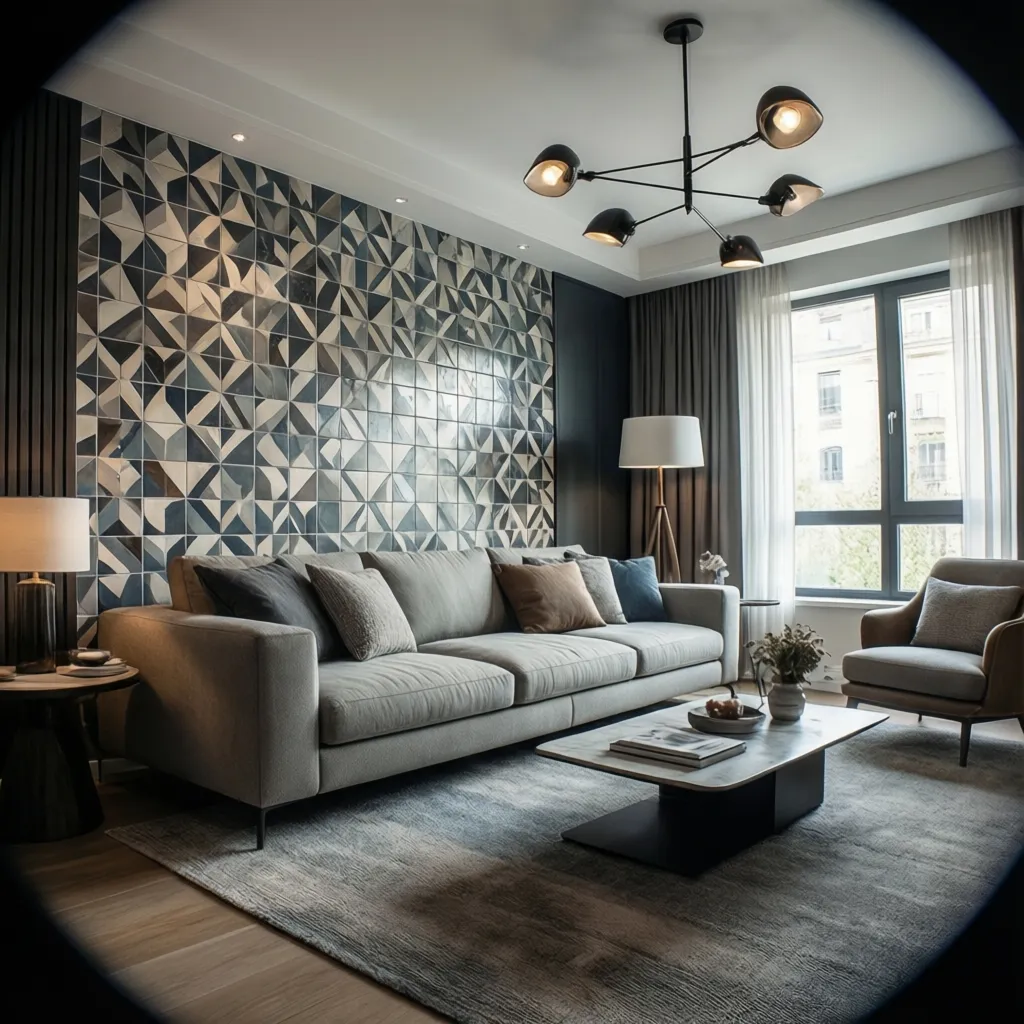 Modern living room with geometric patterned tile accent wall