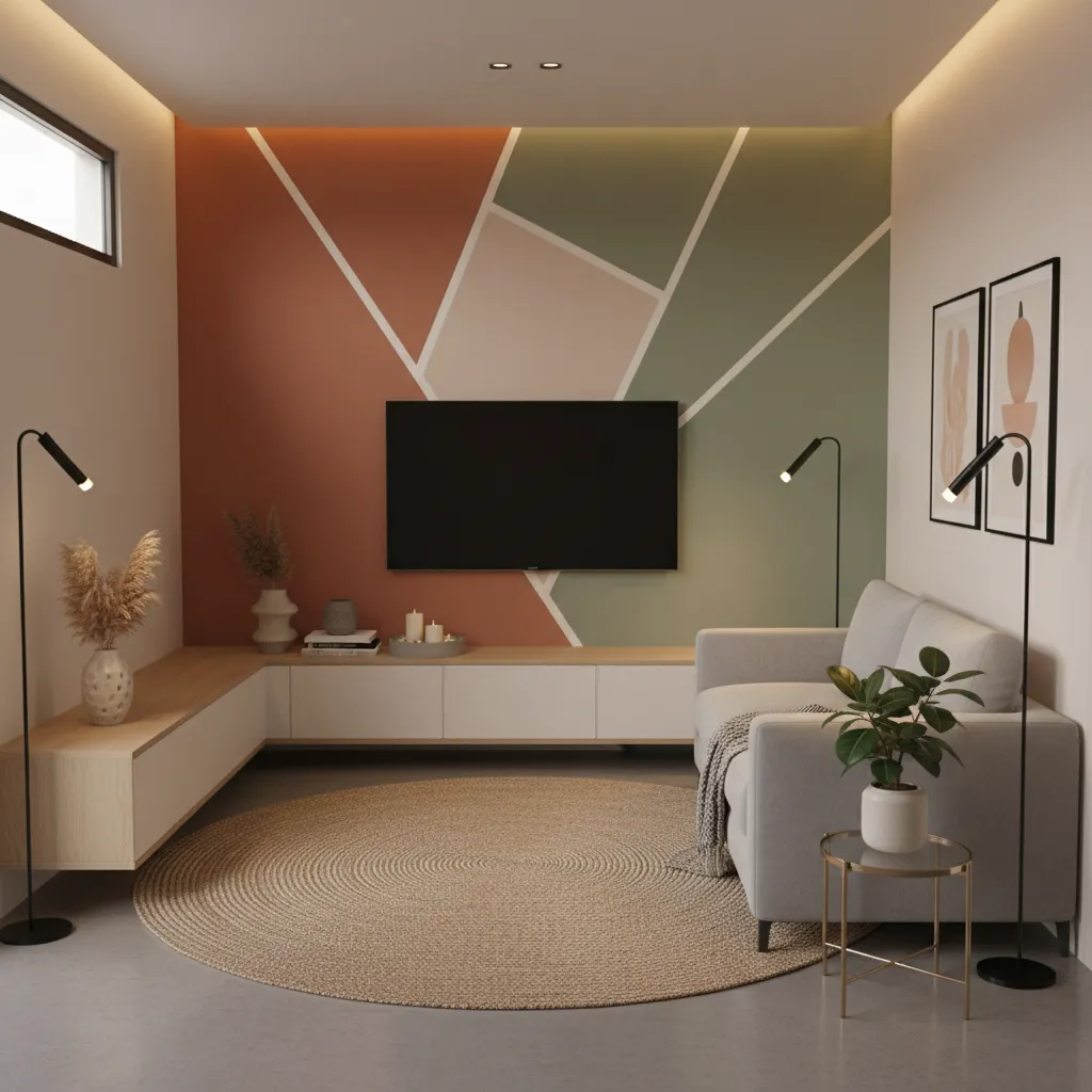geometric painted TV wall in small living room