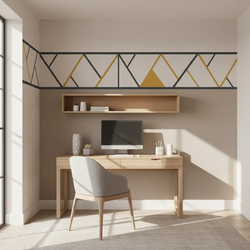 Modern geometric painted wall border in small home office