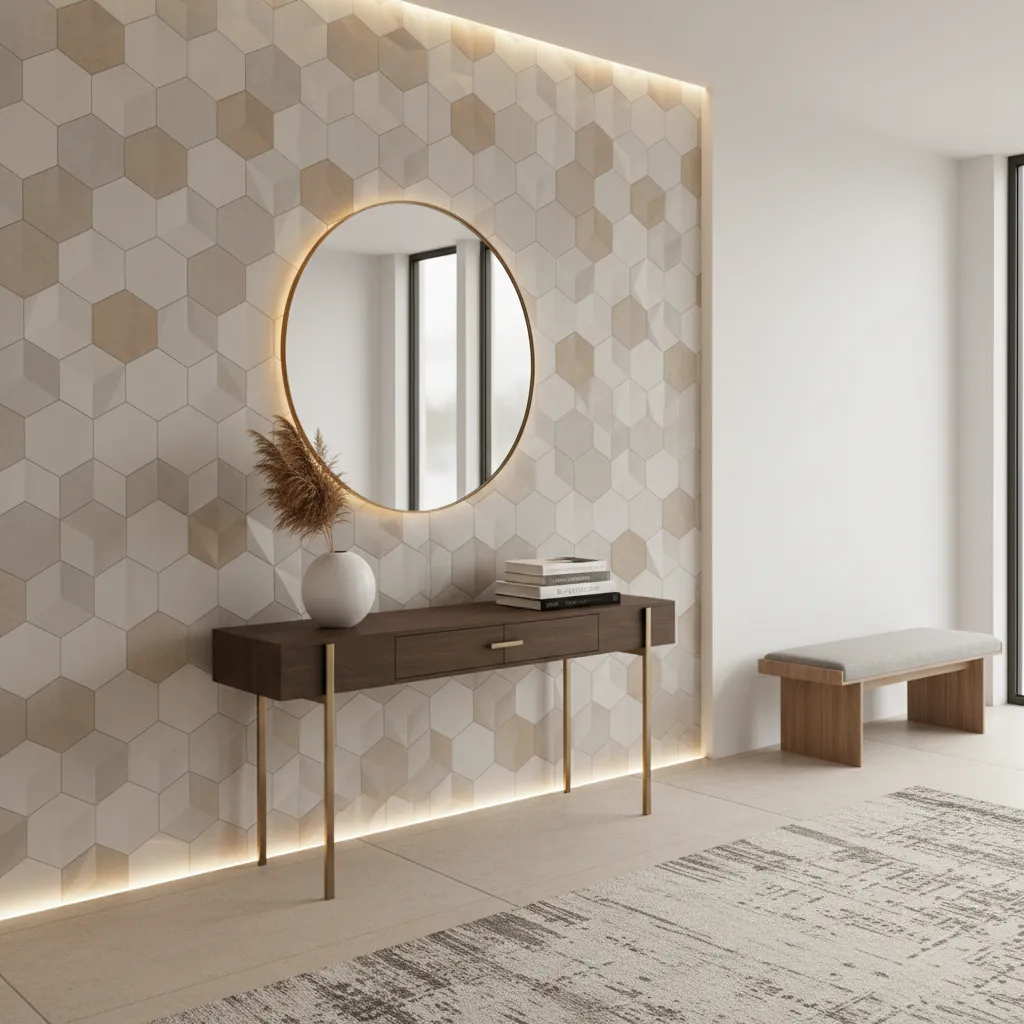 Geometric patterned elevation tiles used as a foyer feature wall