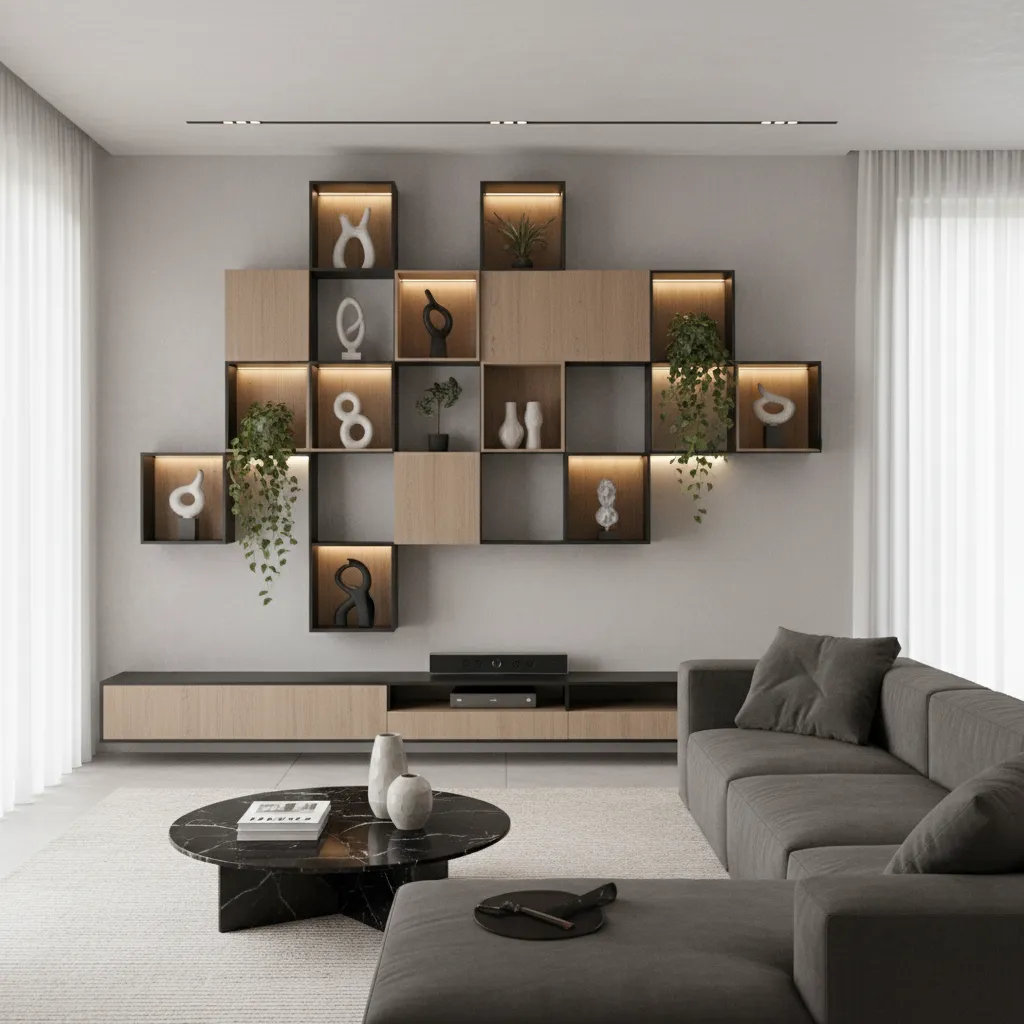geometric cube wall mounted showcase design in contemporary living room