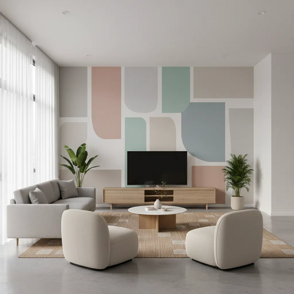 Geometric painted wall pattern in modern living room