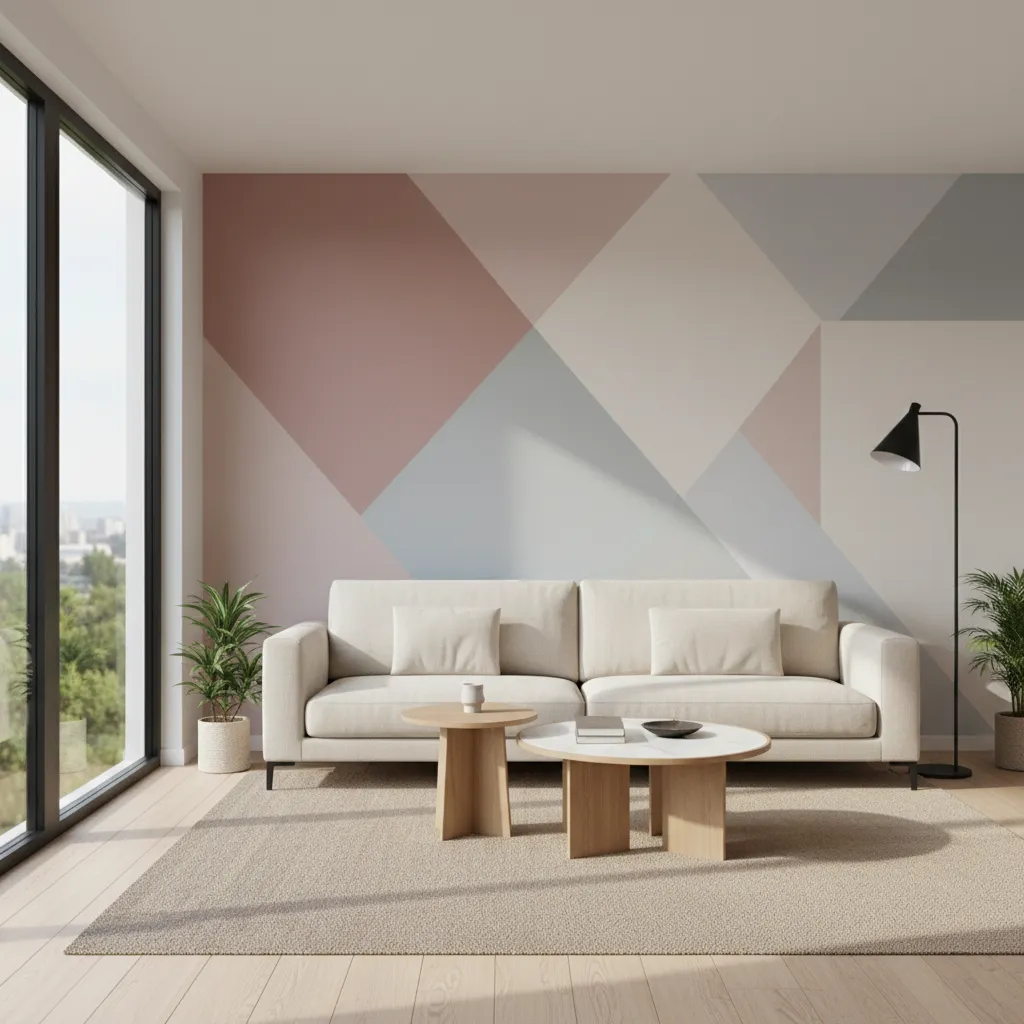living room with geometric wall painting pattern design