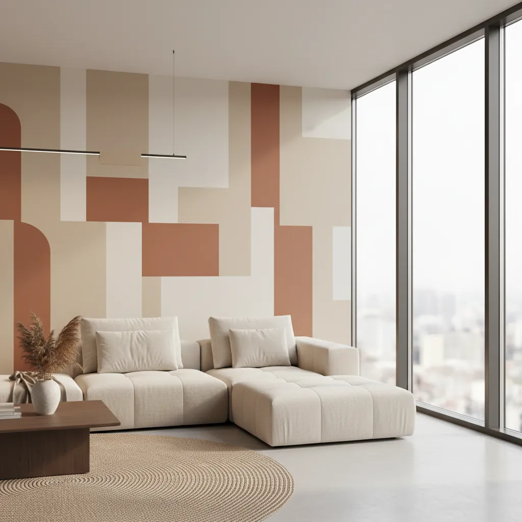 Geometric painted wall design in modern living room