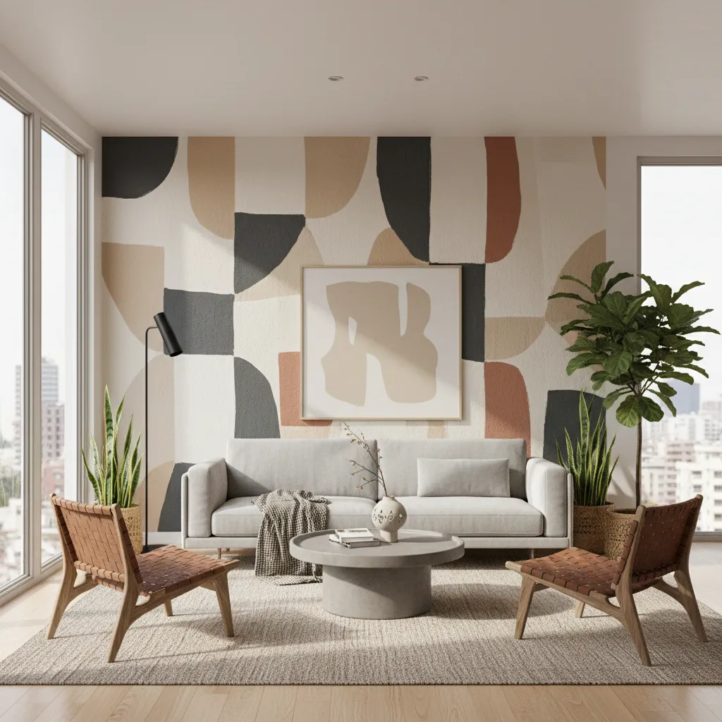 Living room with geometric wall paint pattern