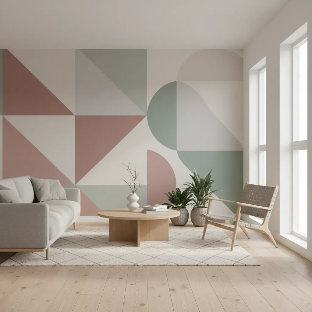 Minimalist living room with geometric painted wall shapes