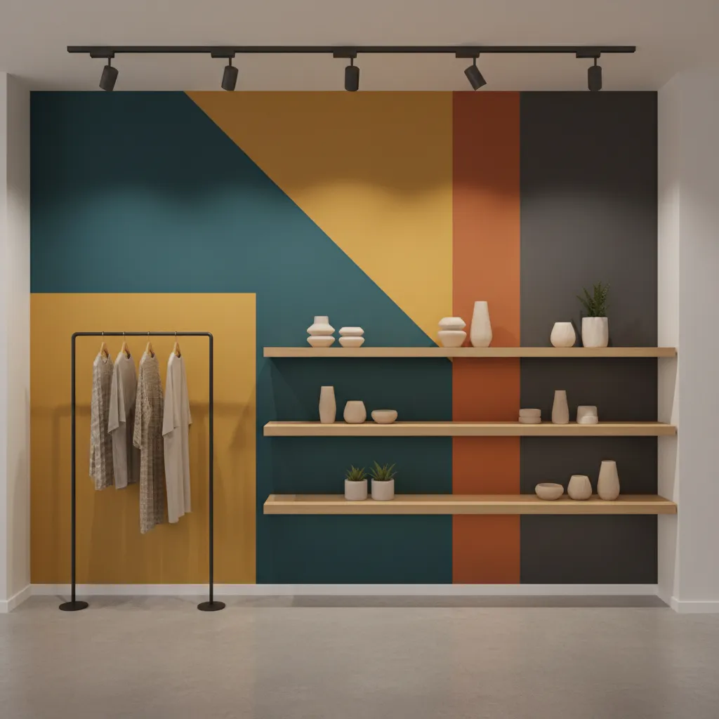 Modern shop interior with geometric wall painting design and product displays
