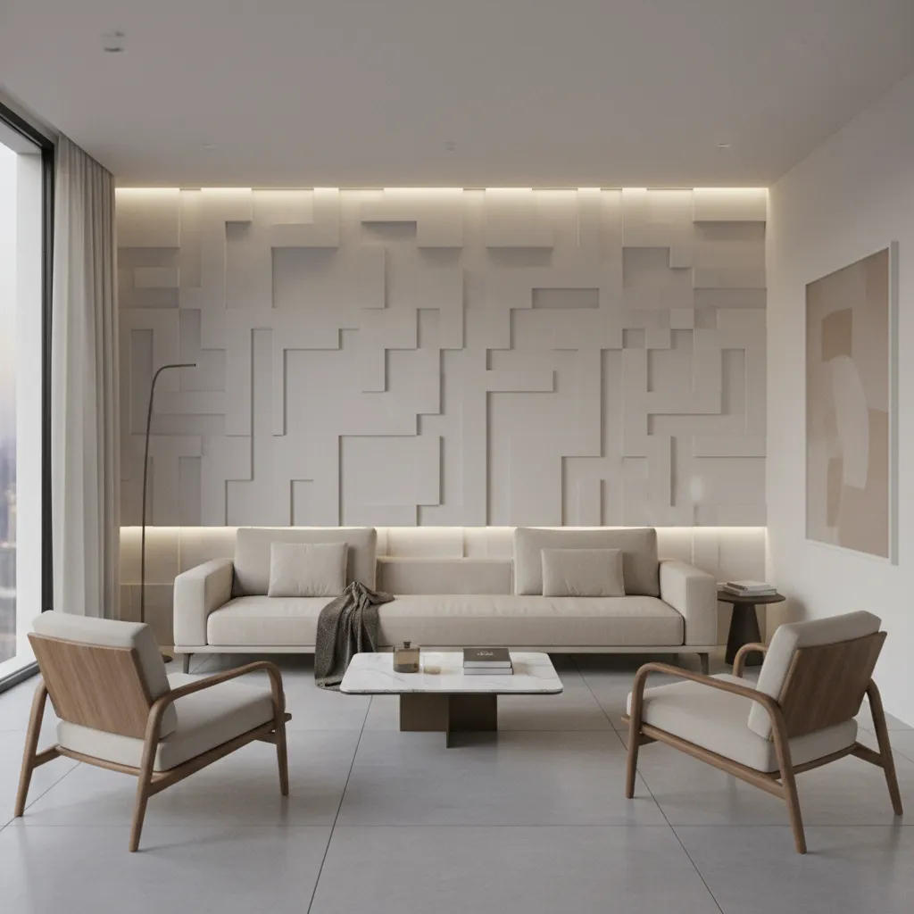 geometric wall putty pattern on modern living room feature wall