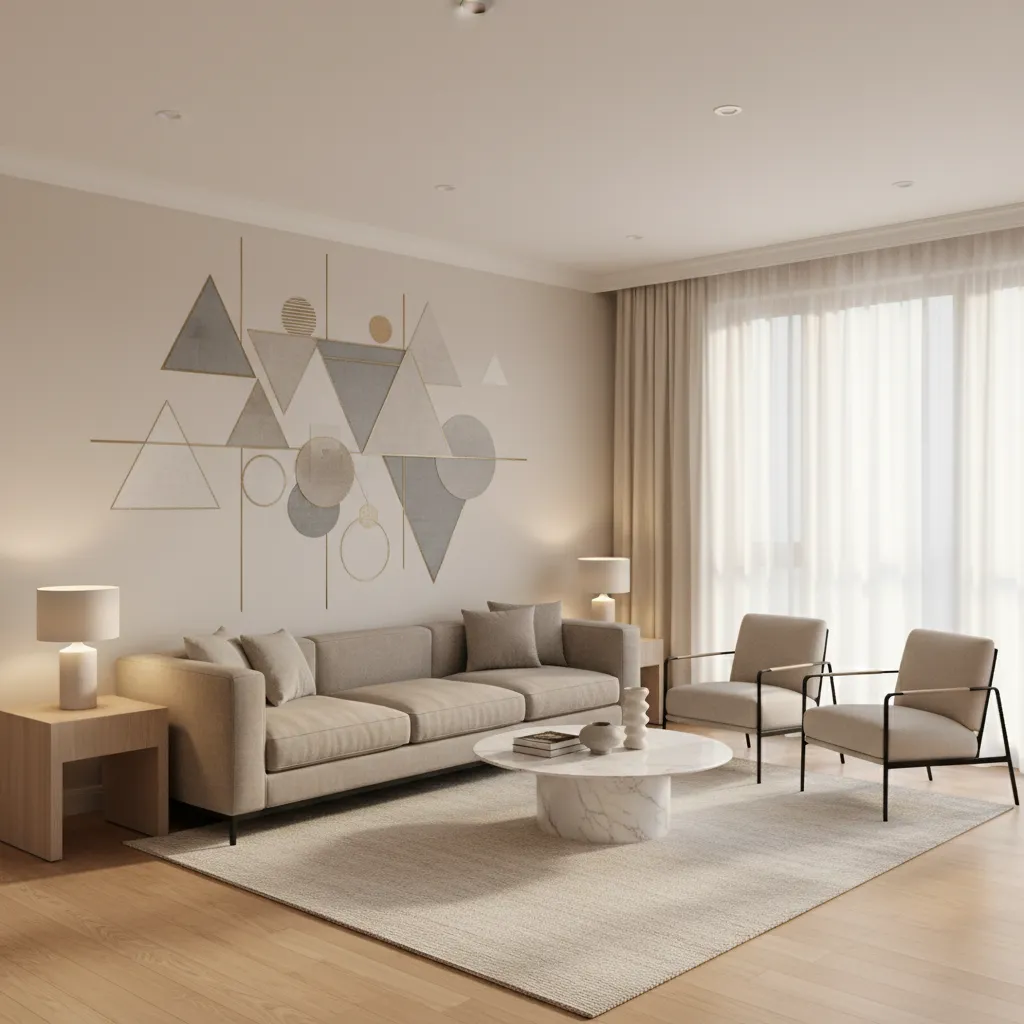 modern living room with geometric wall sticker aligned above sofa