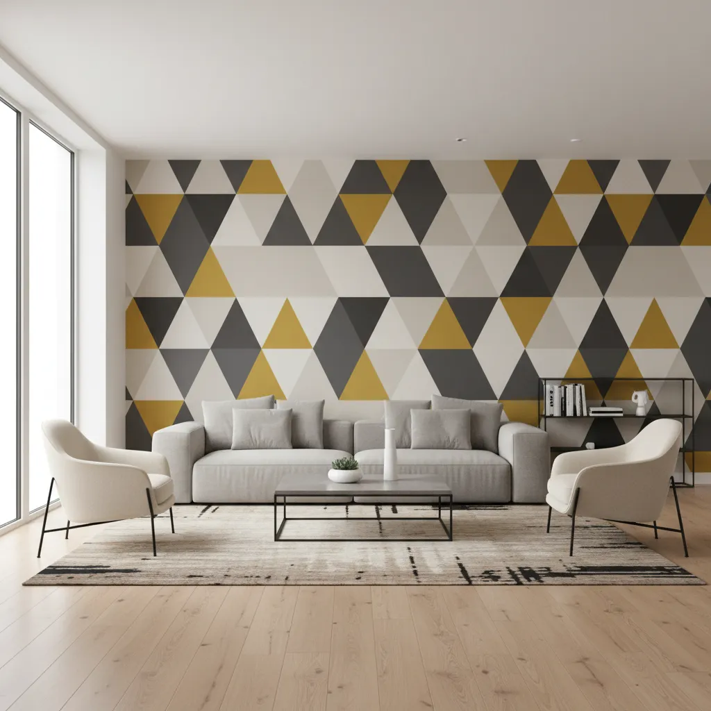 Modern living room with geometric wallpaper and minimalist furniture