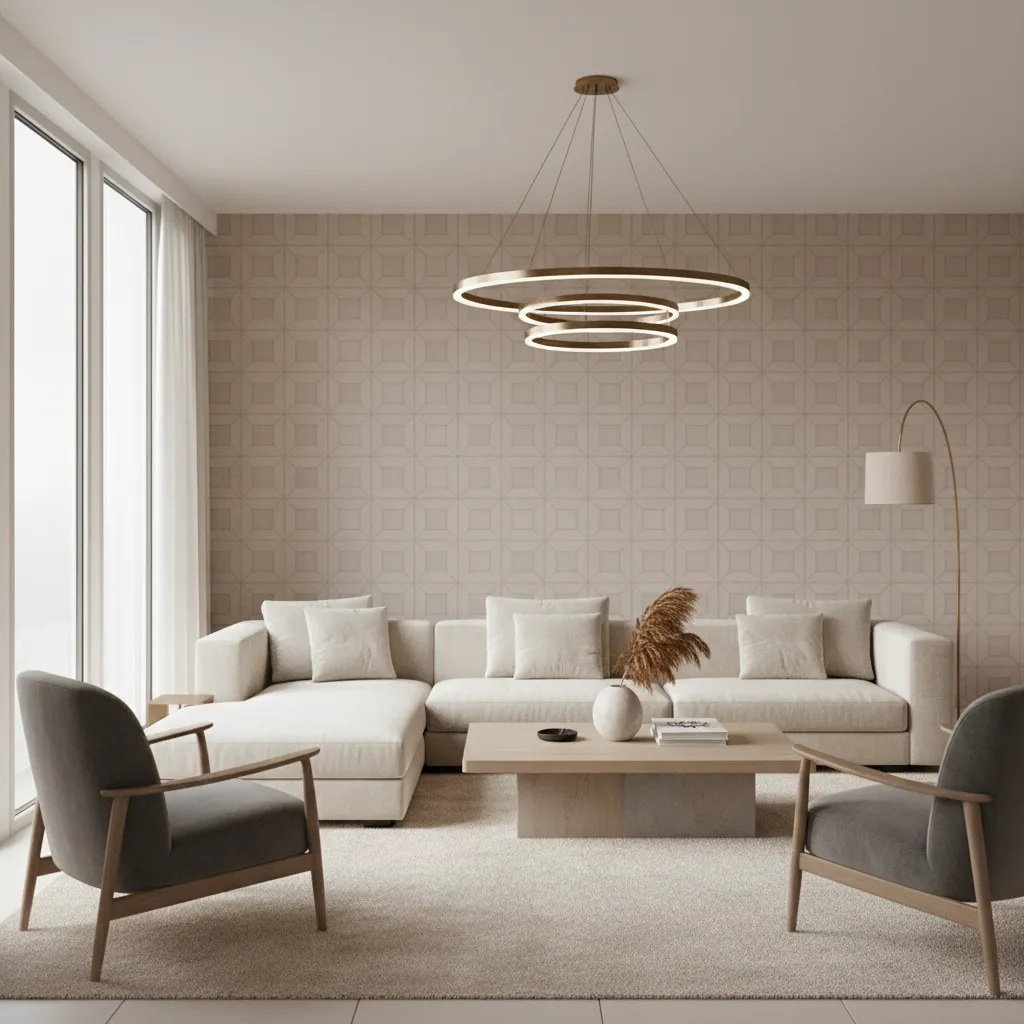 Modern living room with soft geometric wallpaper pattern