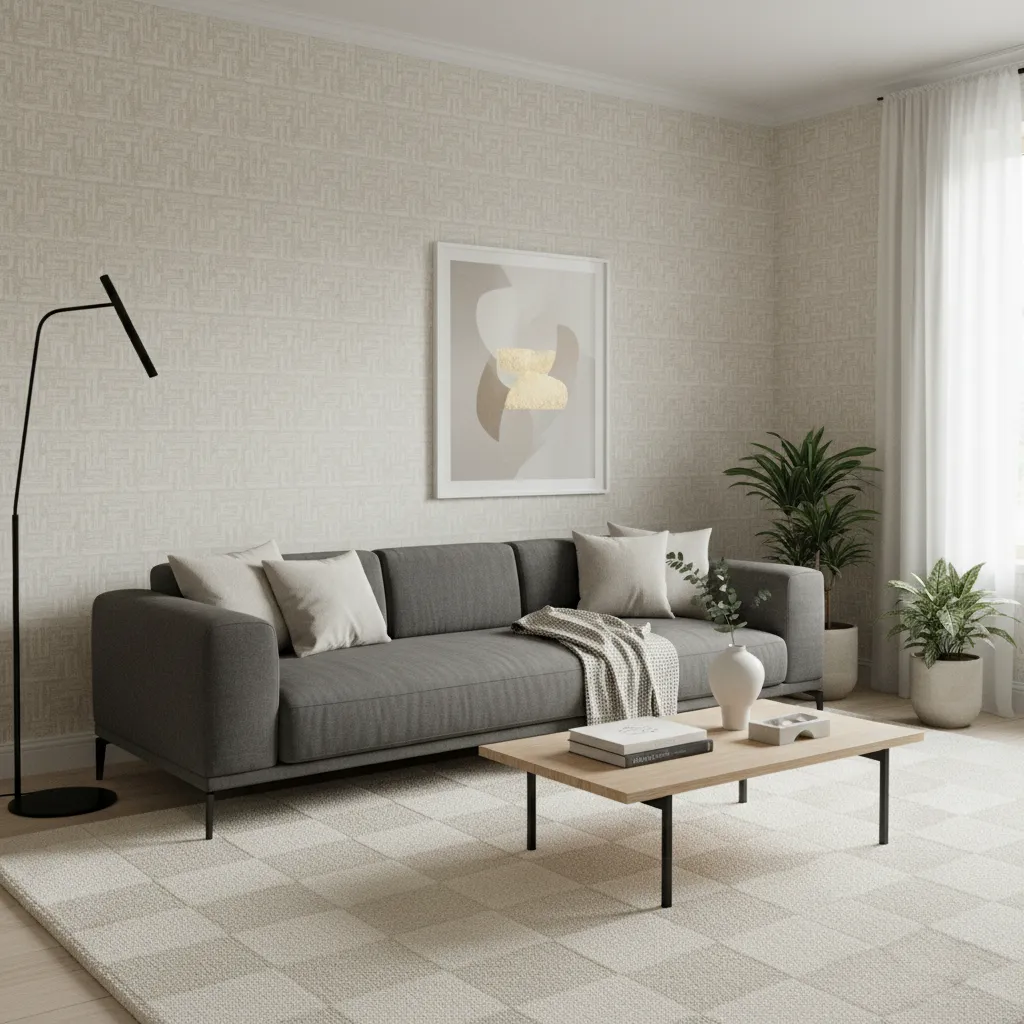 Modern living room featuring subtle geometric wallpaper