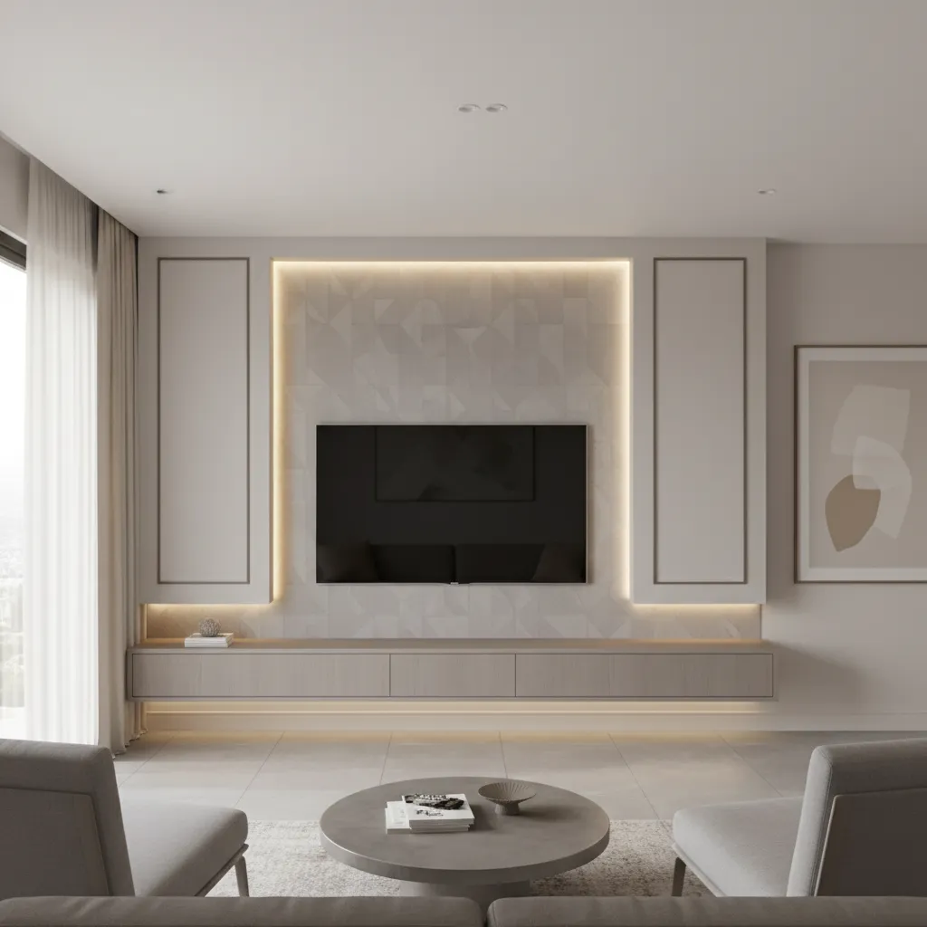 Modern TV unit with subtle geometric wallpaper panel framing the television
