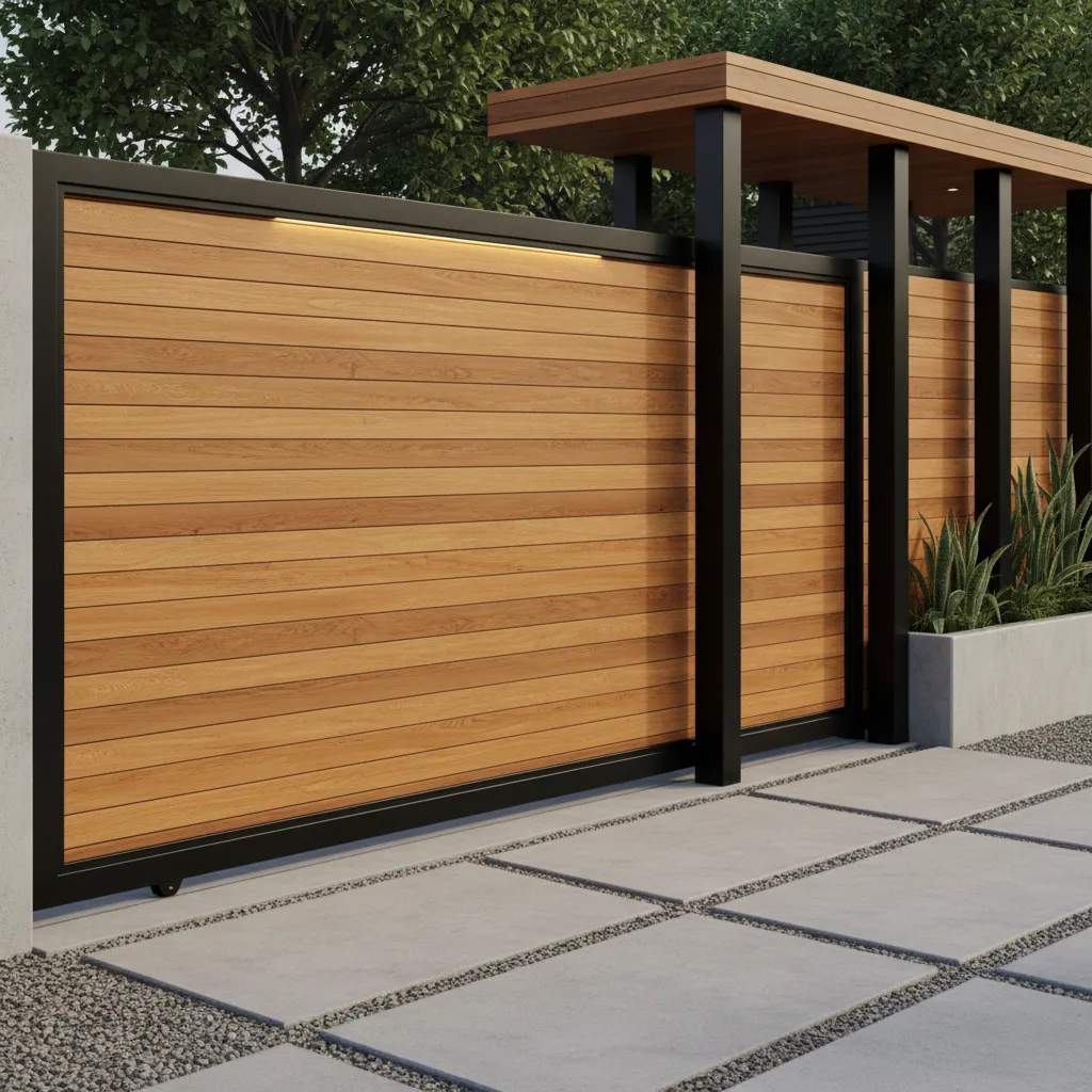 Wood sliding gate with black metal frame on a grey stone path and green garden